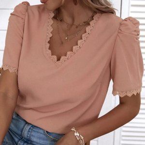 Lace Trim Puff Sleeve Blouse